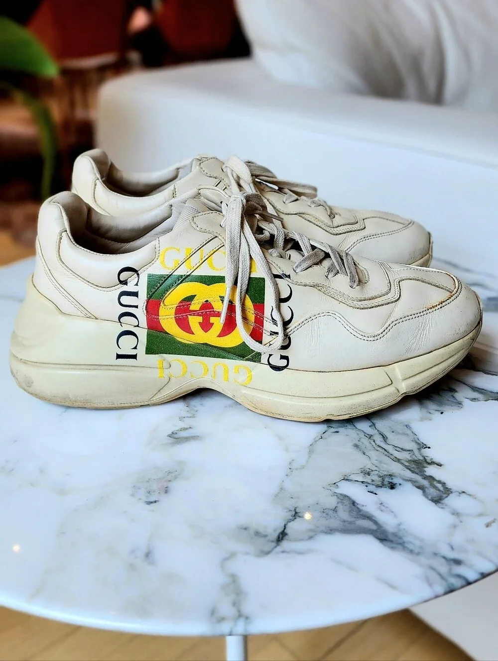 Gucci Cream Color Men's Rhyton Logo Leather Sneakers Size 8
